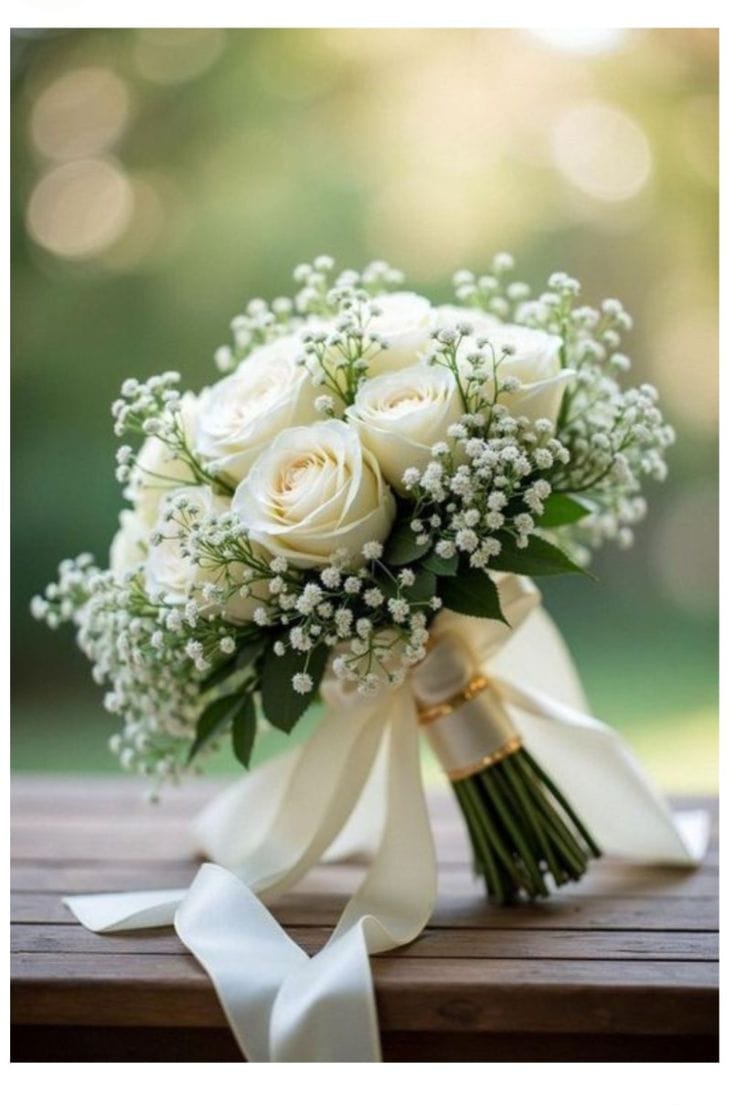 Roses Ivoire & Gypsophile - Bouquet de Mariée Romantique